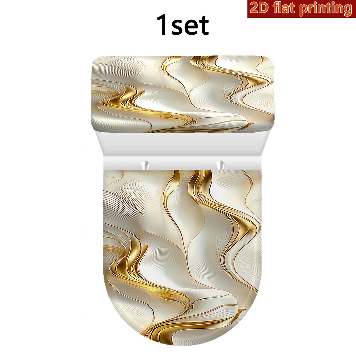 TEMU 1 Ensemble de couvercle de réservoir de toilette et couvercle de couvercle de toilette imprimé avec motif doré fluide de luxe plat 2D, couvercle