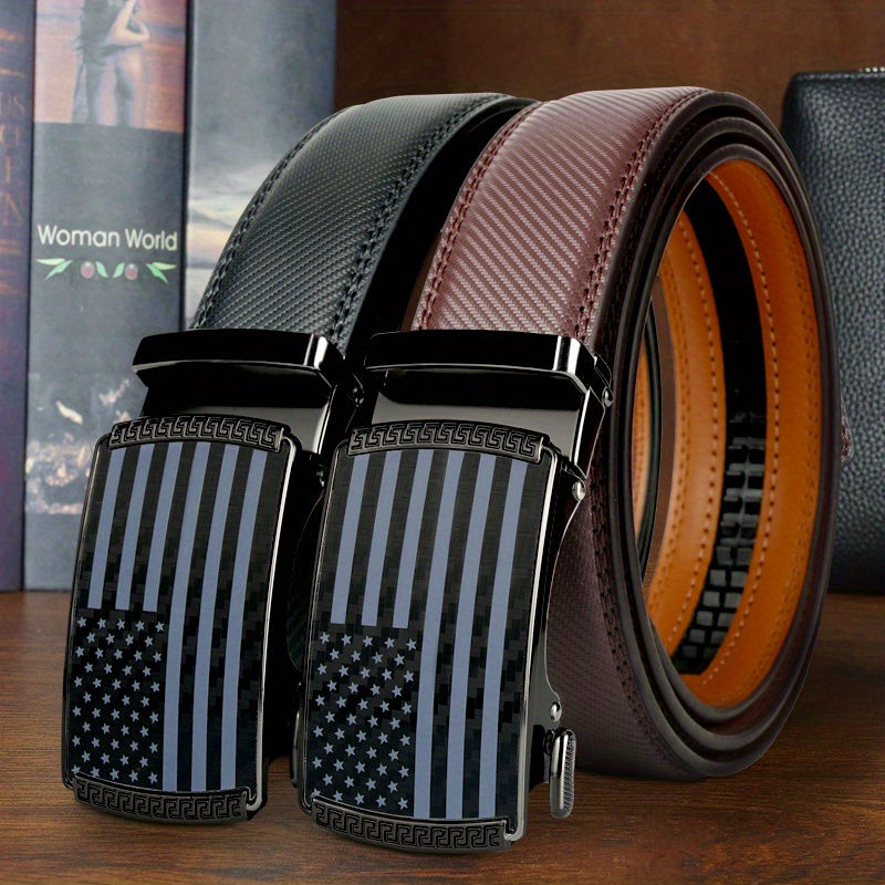 TEMU Set Of 2 Split Leather Ratchet Belts For Men, Featuring American Flag Designs And Automatic Slide Buckles For Golf, Belt For Men