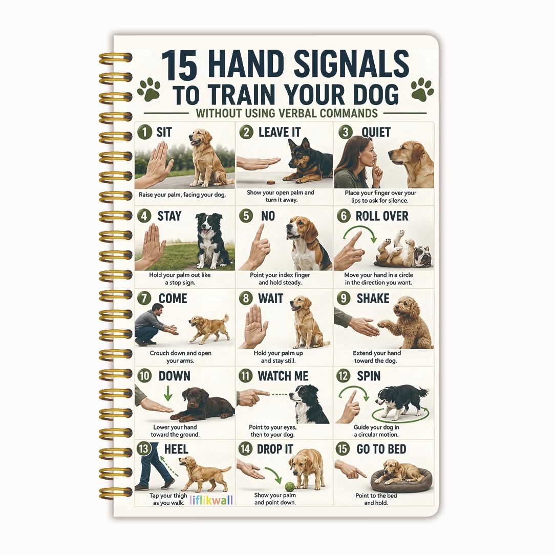 TEMU 1pc Dog Hand Signal Training Notebook, 5.5x8.3in Spiral Bound Journal, 15 Dog Training Hand Cover, Blank Lined Inner Pages, 50 Pages, Pet
