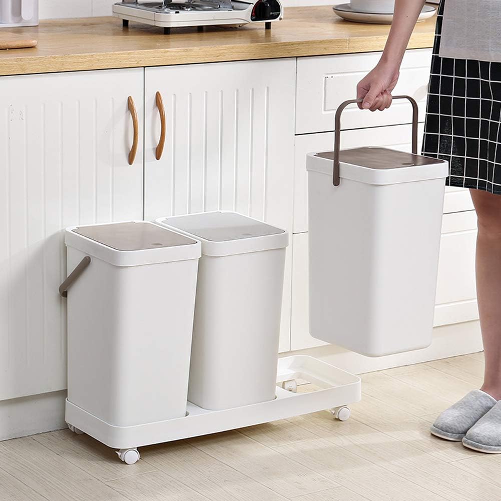 3 Barrels Portable Sorting Trash Bin, Wet And Dry Food Waste Bin, Mobile Recycling Bin With Wheels, Pressing Bin With Lid