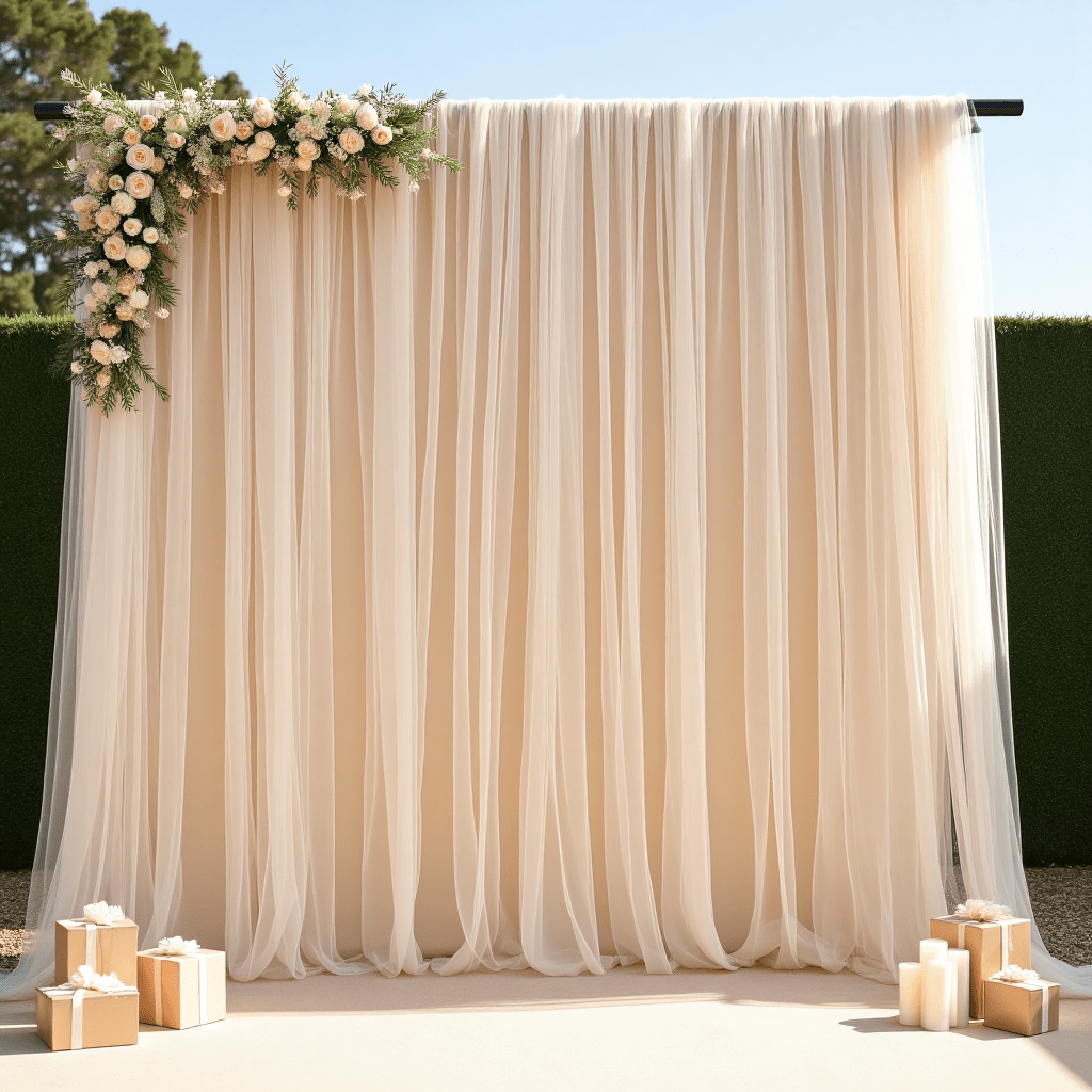 TEMU 2-pack Elegant Romantic Champagne Tulle Backdrop With Floral Arrangements- Soft Polyester Mesh Fabric, Perfect For Weddings, Bridal Showers,