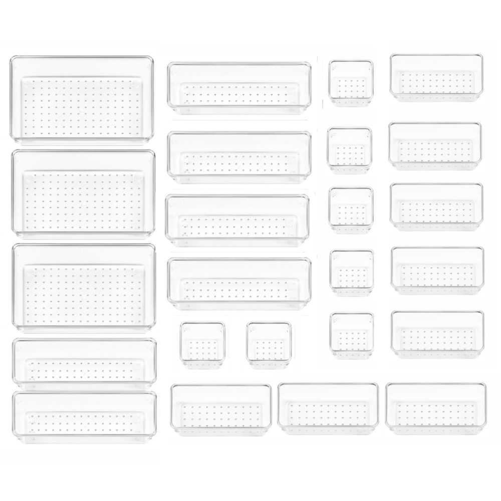 TEMU Organisation Transparente des Tiroirs, Plateaux de Rangement Polyvalents de 4 Tailles pour Salle de Bain et Coiffeuse, Contenants de Rangement