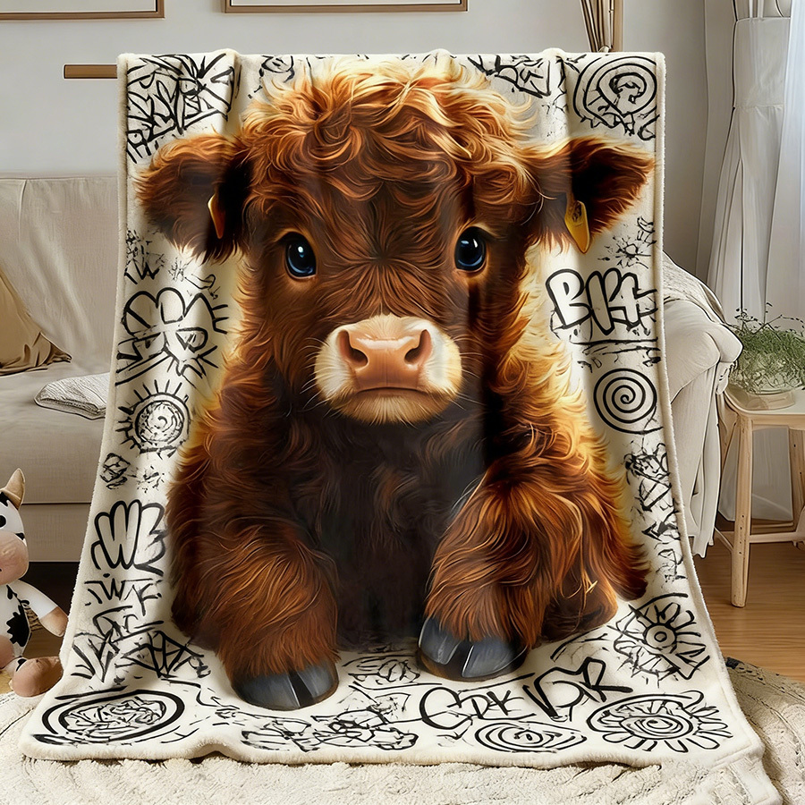 TEMU Comfortable Scottish Highland Cow Pattern Throw Blanket - Soft Brown Cow Print, With Black Graffiti Cow Patterns, A Throw For Sofa And, Rustic