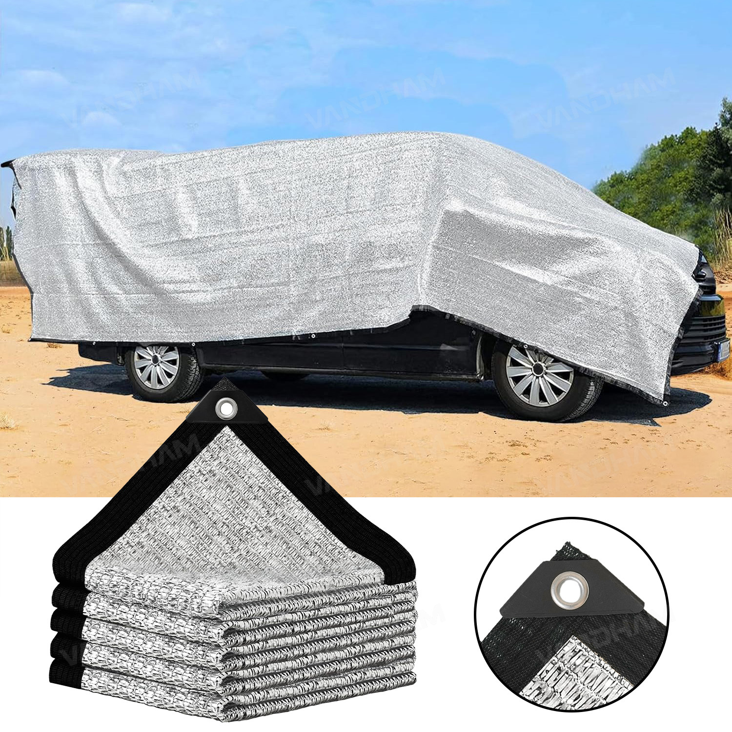 TEMU Toile d'ombrage unie en feuille d'aluminium 90%, bâche en argentée durable, avec œillets et billes élastiques, couverture de filet d'ombrage