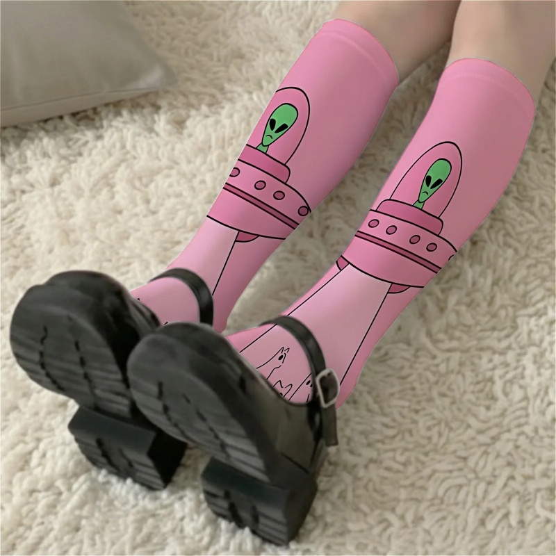 TEMU 1pair Of Women's Calf Socks With Pink And Ufo Cartoon Design, Sexy And Thin Style, Versatile For Going Out, Summer Calf Socks Jk Calf Socks High