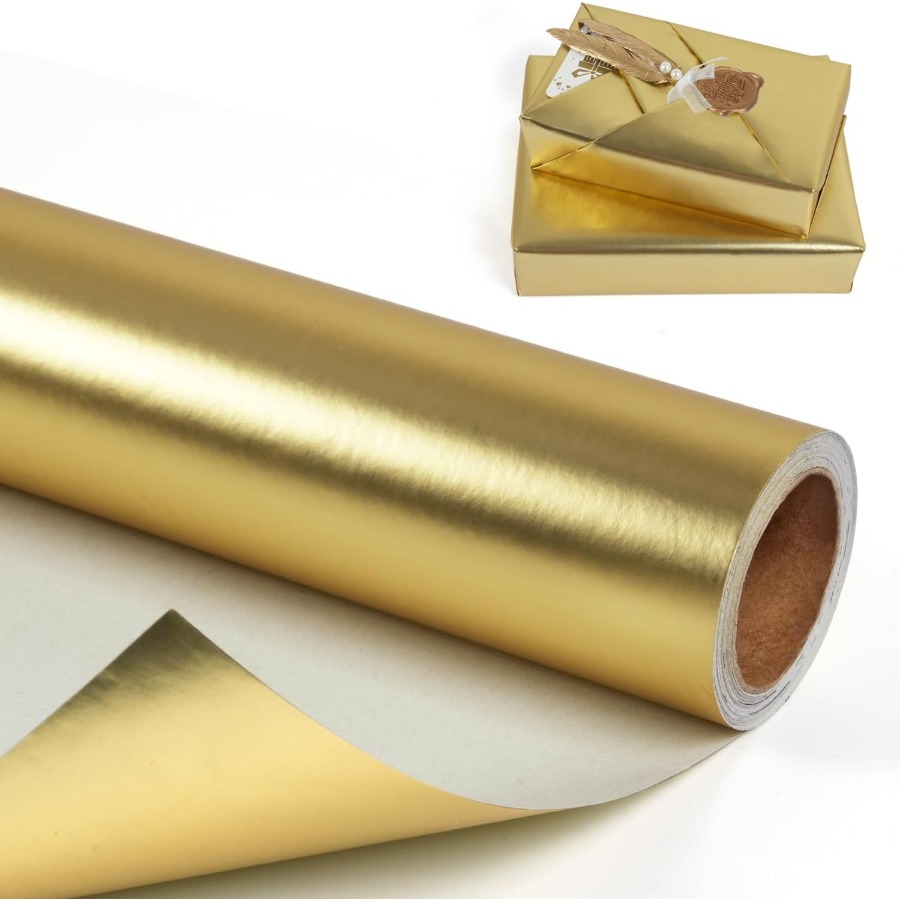 Image of Golden Metallic Wrapping Paper Roll - Matte Solid Color Gift Wrap Paper - Wrapping Paper For Birthday Christmas Wedding Mother's Day Graduation, 17 Inches X