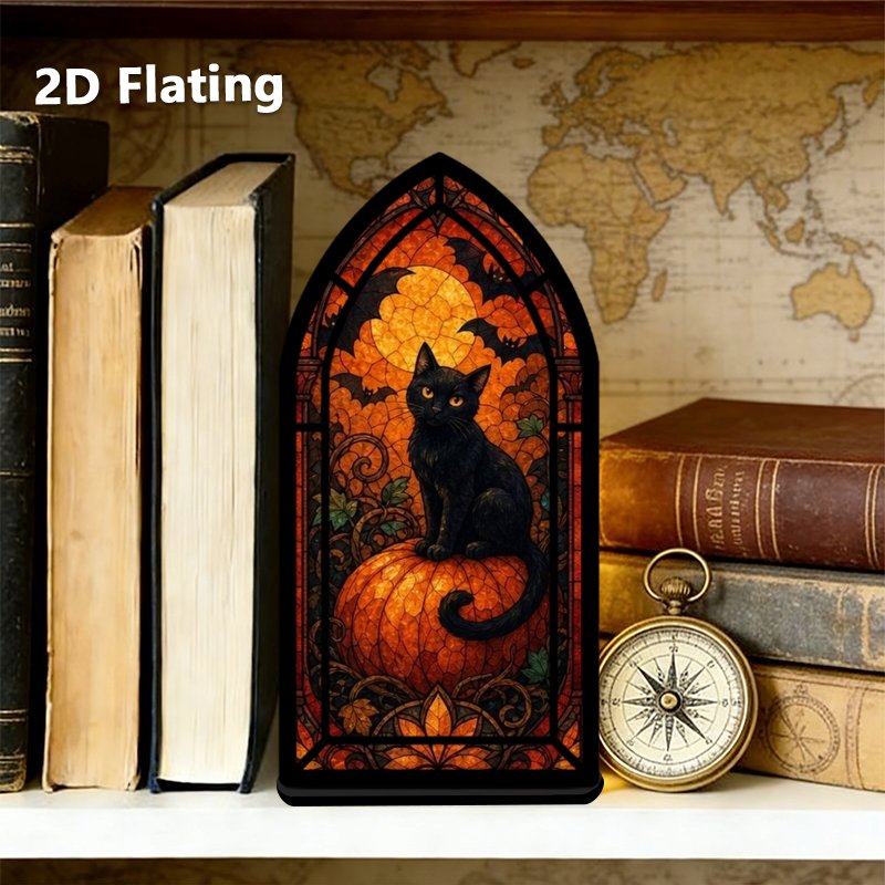 TEMU 1 Gothic Stained Bookend, Suitable For Bookshelf Decoration- Black Cat, Bat And Pumpkin Shaped Shelf Storage, Polished Acrylic Bookstand,