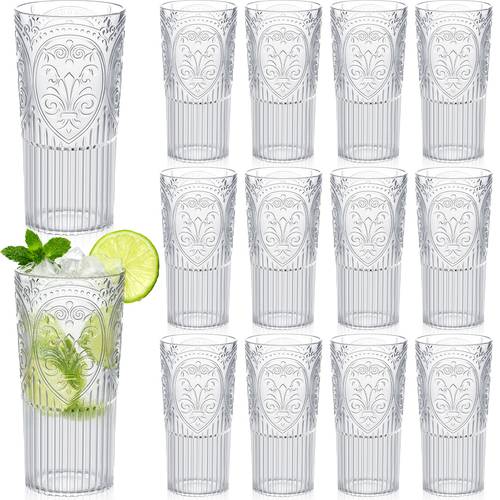 20oz vintage plastic ribbed tumblers set of 12 clear acrylic drinking glasses cups large retro embossed drinkware for water beer juice wedding birthday party