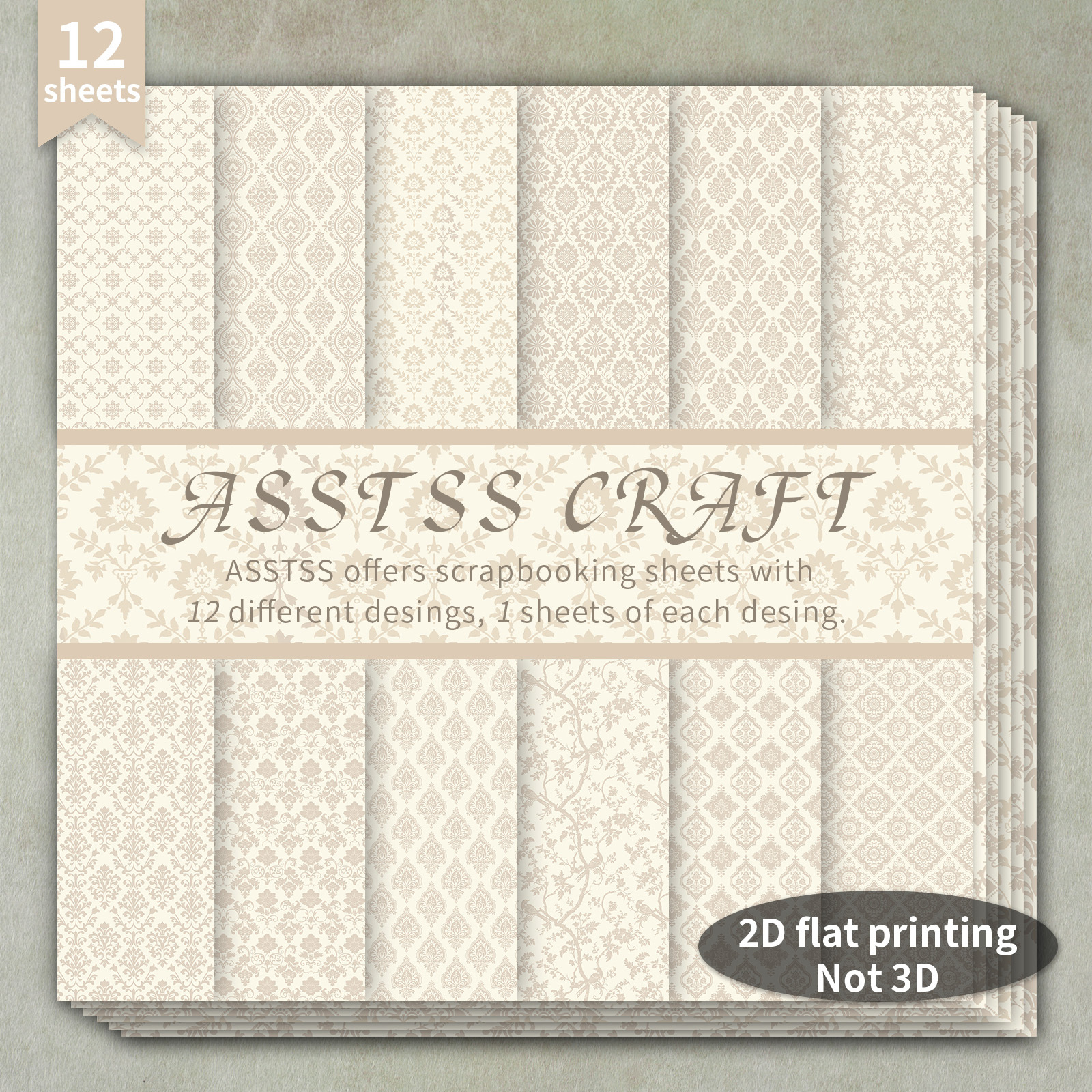 TEMU 12-sheet Asstss Heavyweight Scrapbooking Paper Pad Suitable For Journaling, Collage Art & Crafts - Vintage European Damask & Floral Cardstock