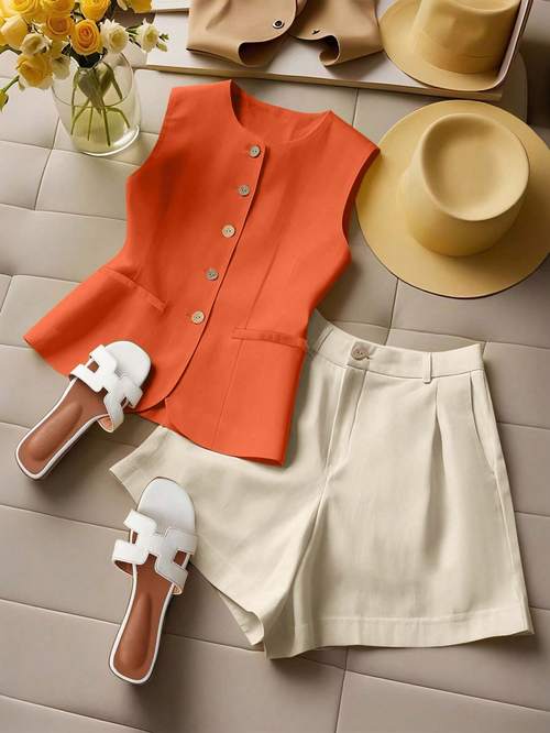 womens european and spring summer multi color two piece vest and shorts set with pockets t02
