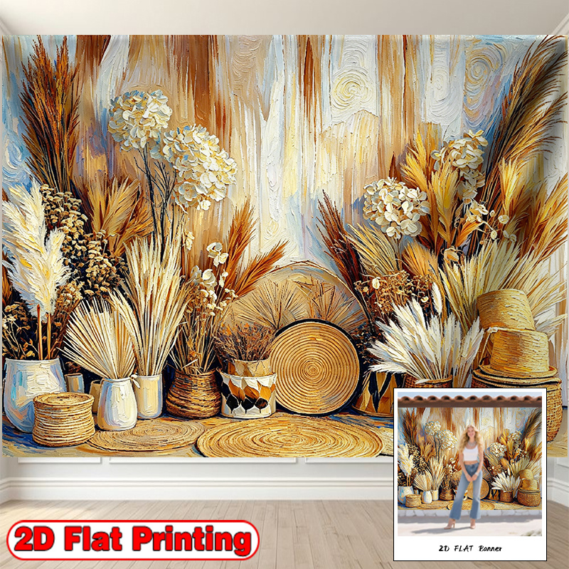 Dried Pampas Grass and Wicker Baskets Banner Backdrop for Events