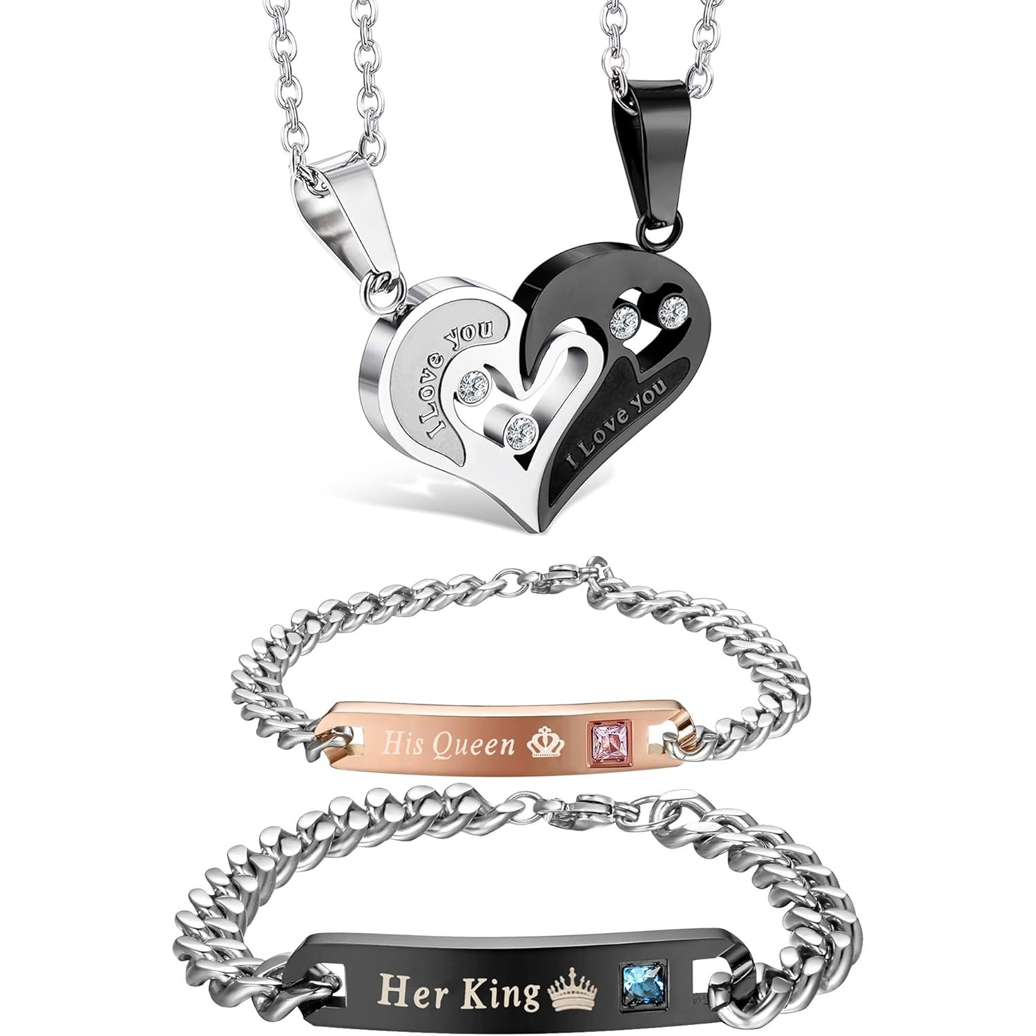Image of 4pcs Couple Necklace Bracelets Matching Set For Women Men Heart Pendant Necklace His And Hers Bracelets Couples Jewelry Set Christmas Gift, Valentine's Day, Anniversary Gift