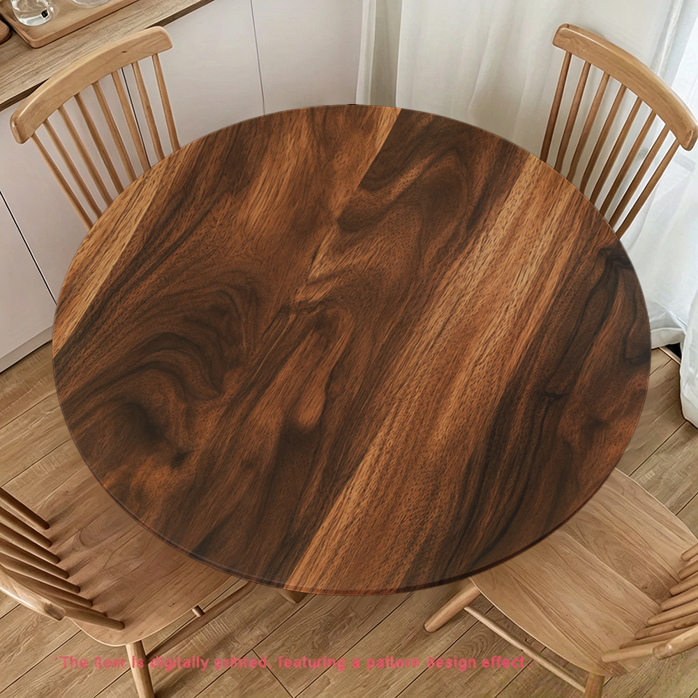TEMU 1pc Autumn Print Round Elastic Stretch Band Edge Tablecloth, Vintage Natural Walnut Wood Continuous Grain Round Print Tablecloth, Universal