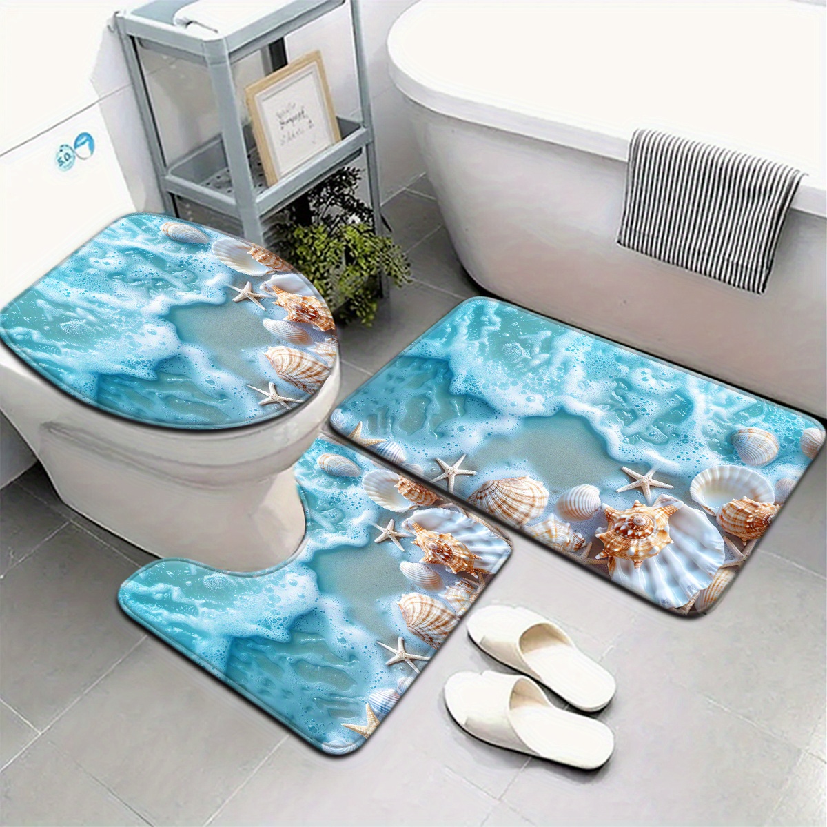 TEMU Jt 3pcs/4pcs Beach Sea Star, Conch, And Seashell Pattern Bathroom Mat Set, Toilet Lid Cover And Rug, Bathroom Decor, U-shaped Foot Mat