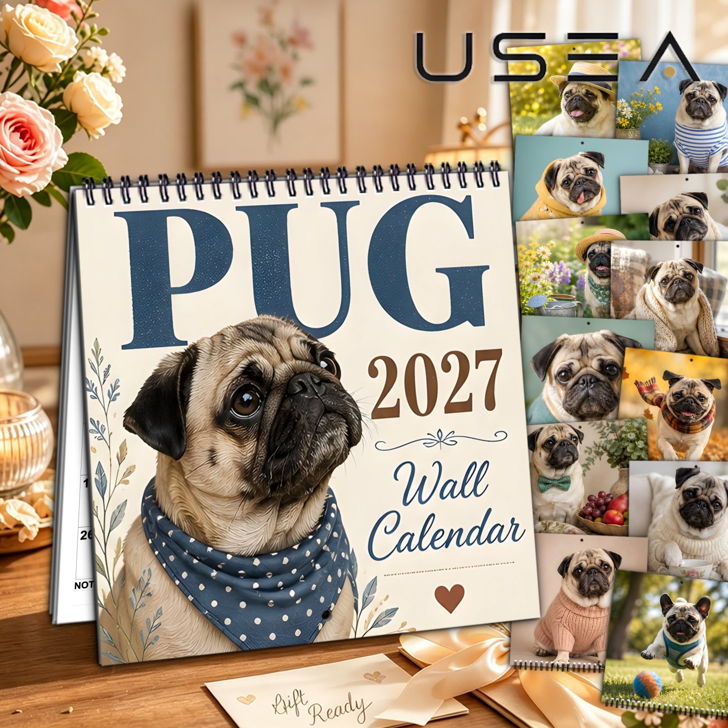TEMU Calendrier mural 2027, Calendrier mural chien bouledogue 2027, Calendrier mural à suspendre avec reliure spirale à double fil, Planificateur