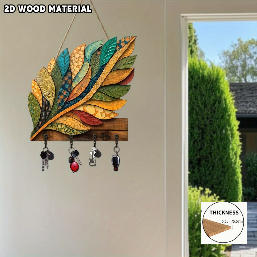 TEMU 2d Flat Bohemian Style Leaf Pattern Key Rack With 4 Hooks, Colorful Wooden Home Decoration, Wooden Key Rack, Wall-mounted