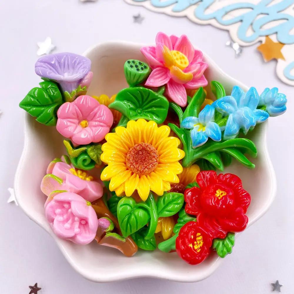 

6pcs Colorful Resin Flower Figurines - Sunflower, For Lotus, Designs For Scrapbooking, Diy Crafts, And Home Decor, Vibrant Indoor & Outdoor Use