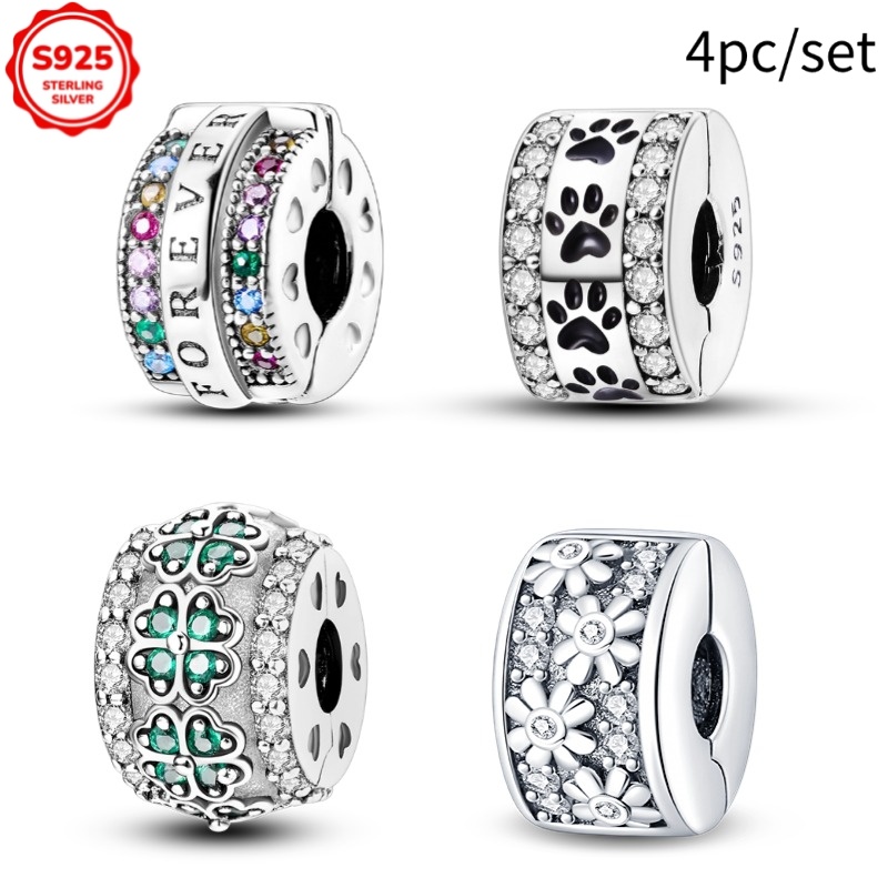 Image of 4pcs Of 925 Sterling Silver Footprints, Clover Snowflake Charm Beads, Suitable For Diy Bracelets, Necklaces, Keychains, And Exquisite Gift Making