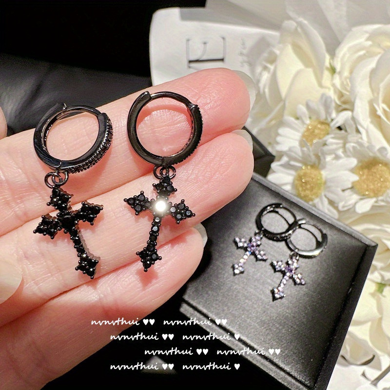 Image of 1 Pair Of Exquisite Cross Design Sparkling Synthetic Cubic Zirconia Inlaid Drop Earrings, Style Copper Jewelry Earrings, Cross-shaped Ear Studs