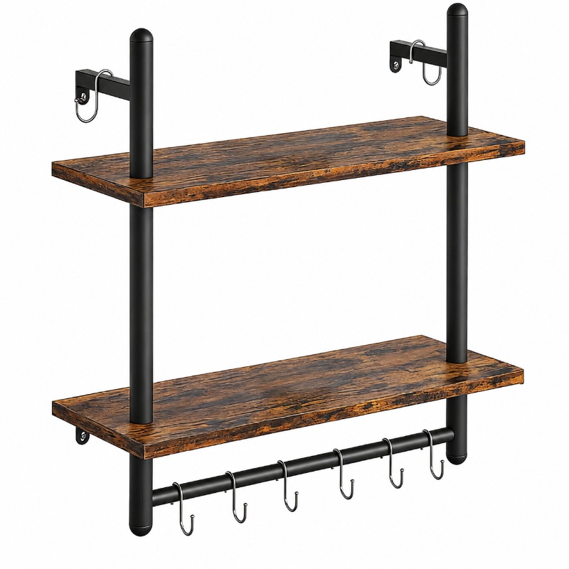 Image of 2-tier Wall Shelf With Hooks, Rustic Wood Look Storage Organizer, Black Metal Frame Floating Shelf For Entryway, Kitchen, Bathroom & Small Items