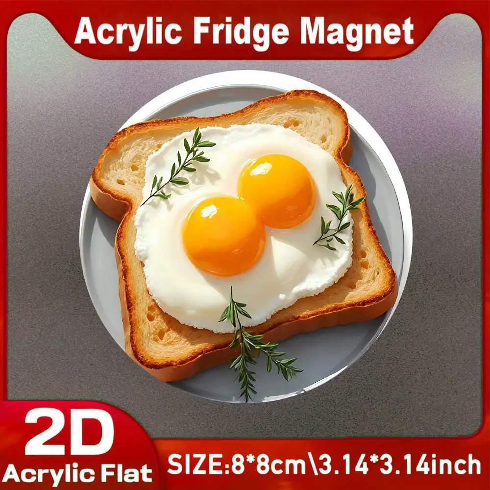 TEMU 2d Flat, Hot Selling! 2d , 1pc Realistic Egg-shaped Magnet With Toast Pattern, Acrylic Material Kitchen Decor, 3.15-inch Refrigerator Magnet,