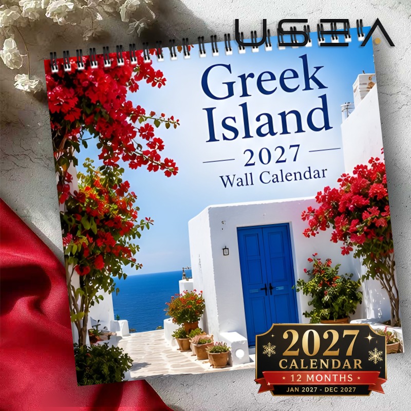 TEMU 2027 Wall Calendar, 2027 Greek Island Wall Calendar, 12-month Monthly Planner, Twin Wire Spiral Hanging 8.3x8.3 Inch Square Calendar, Us