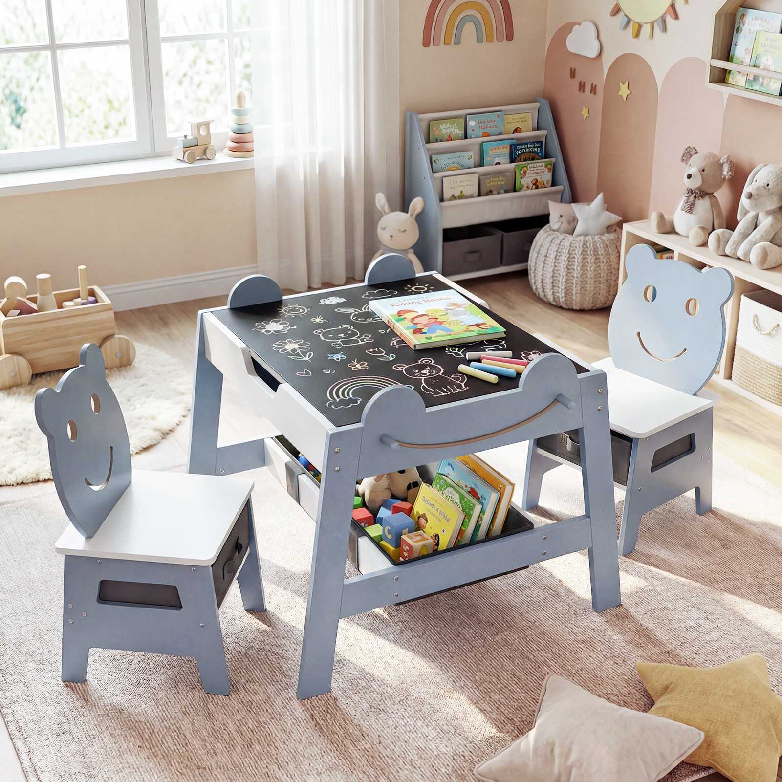 Image of Kids Table And 2 Chairs, Cute Art Desk Set With Reversible Chalkboard/whiteboard Top, 4 Hooks, Storage Compartment And Bins For 3 Kids, Activity Table For Painting, Reading, Crafting, Gray