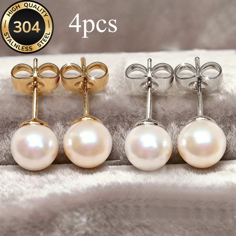TEMU 4pcs Aretes de Acero Inoxidable para Mujer, con Esferas Blancas Sintéticas, Elegantes Aretes Redondos de Esferas Sintéticas, Muy Adecuados para