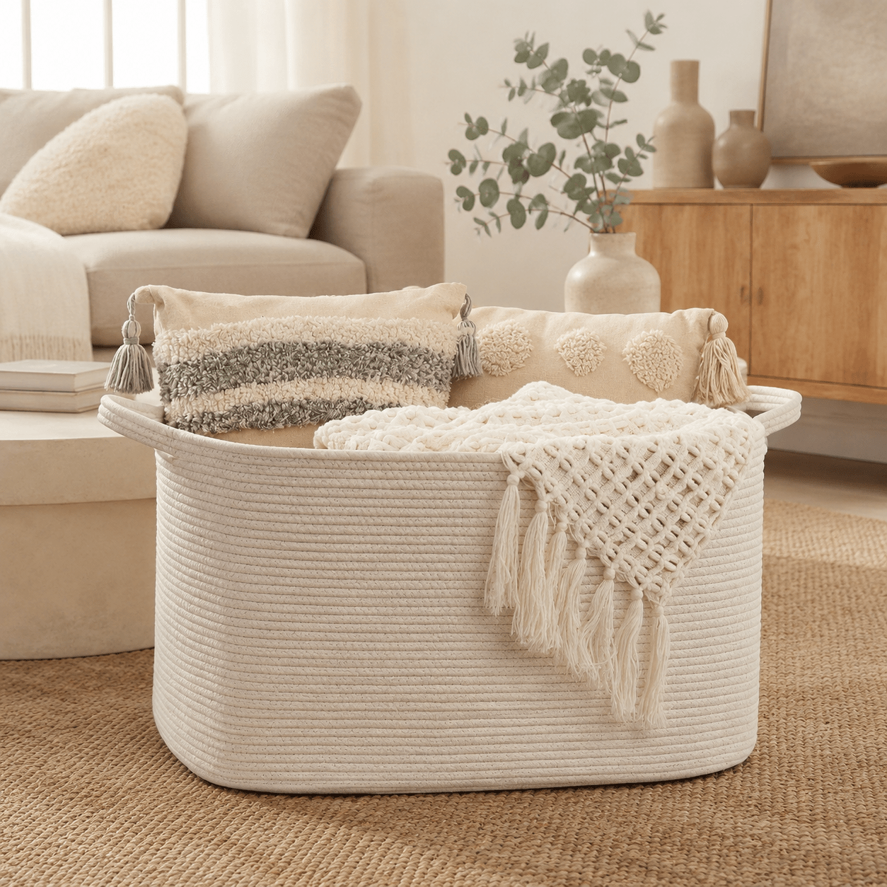 TEMU Large Woven Storage Basket With Handles, Black Rope Laundry Basket For Living Room Bedroom, Decorative Blanket Basket, Home Organization Bin For