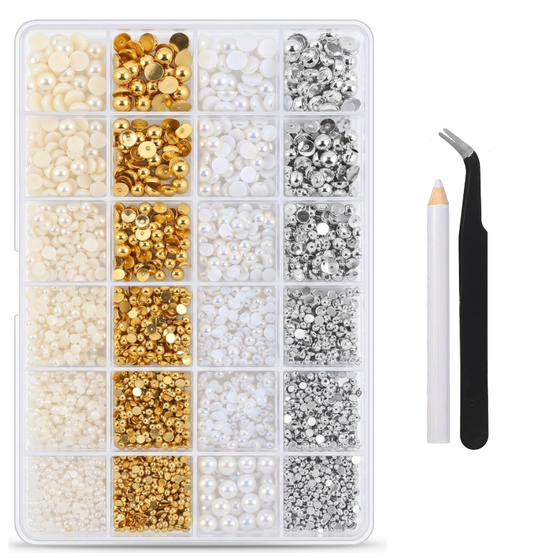 TEMU Ensemble de perles demi-circulaires bicolores dorées et argentées, 24 compartiments : comprend un stylo à perles et une pince à épiler, matériel