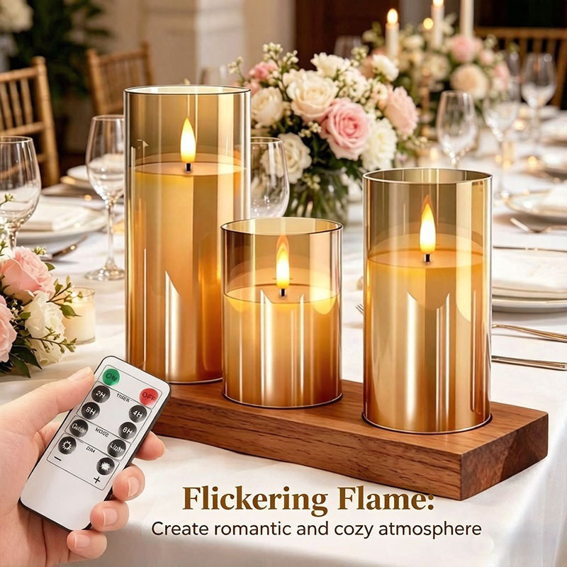TEMU 3-pack Led Flameless Flickering Golden Candle With Remote Timer Battery Powered (battery Not Included) Acrylic Golden Remote Control Timer
