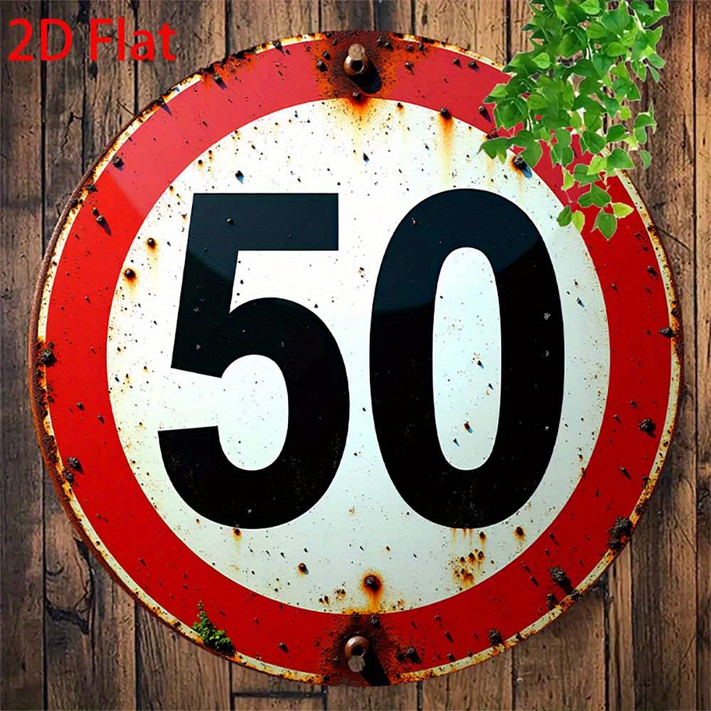 TEMU 2d Flat - 2d Retro 50th Birthday Party Aluminum Sign - 20.32x20.32 Cm Round Wall Decor, Pre-drilled, Design, Suitable For Home, Bar, Cafe, Metal