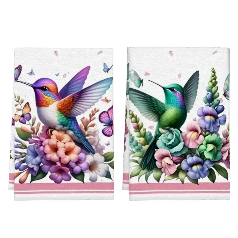 

2pcs Vibrant Hummingbird & Floral Kitchen Towels - Soft, Absorbent Polyester, 18x26" - Easter Decor, Hand & Face Towels In Pink/purple/blue