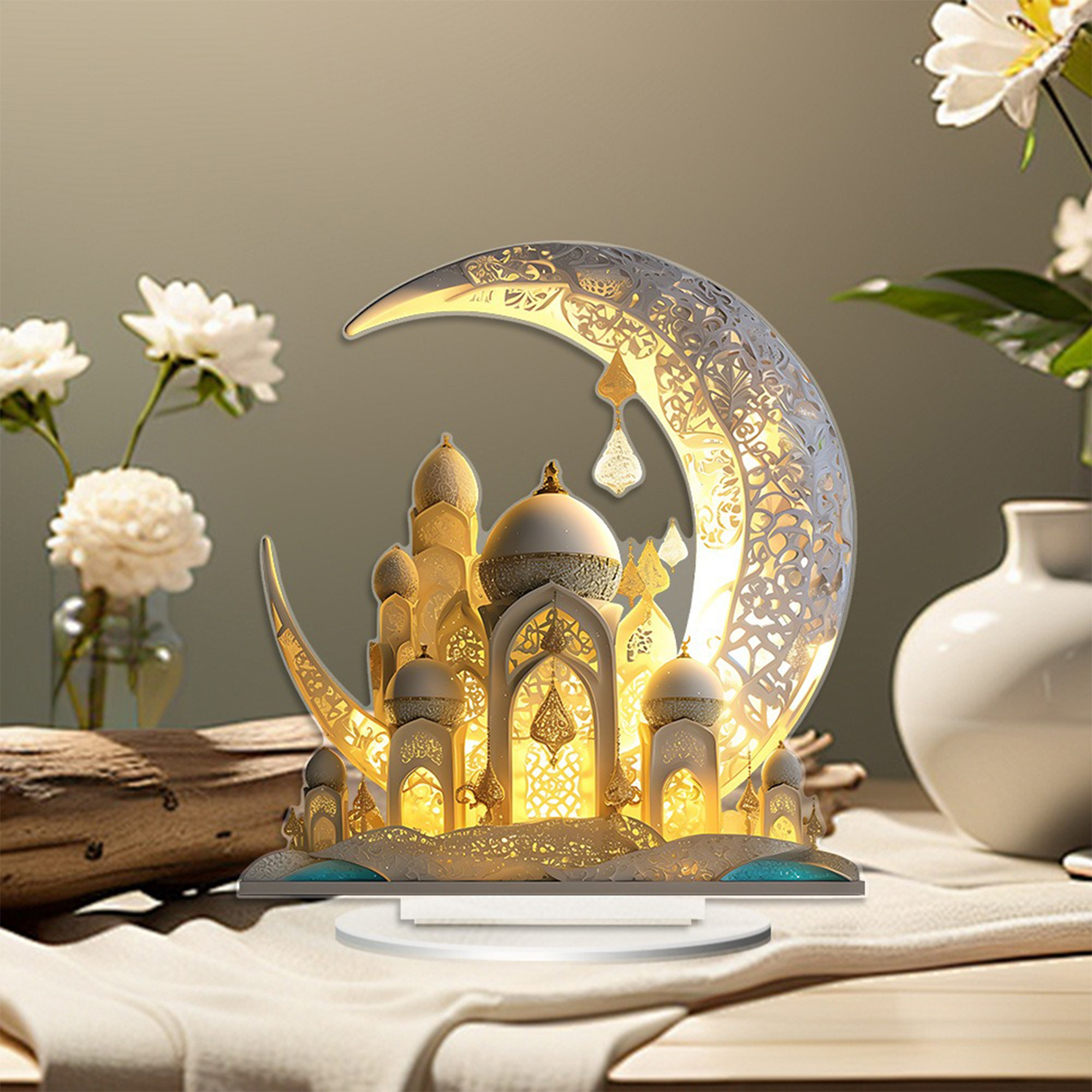 2D Flat, 2D Flat, 2D Flat - 2d Flat Moon Castle Ramadan Acrylic Desktop Ornament | Elegant Crescent and Islamic Architecture Design, Ideal for Home and Party Decoration, Non