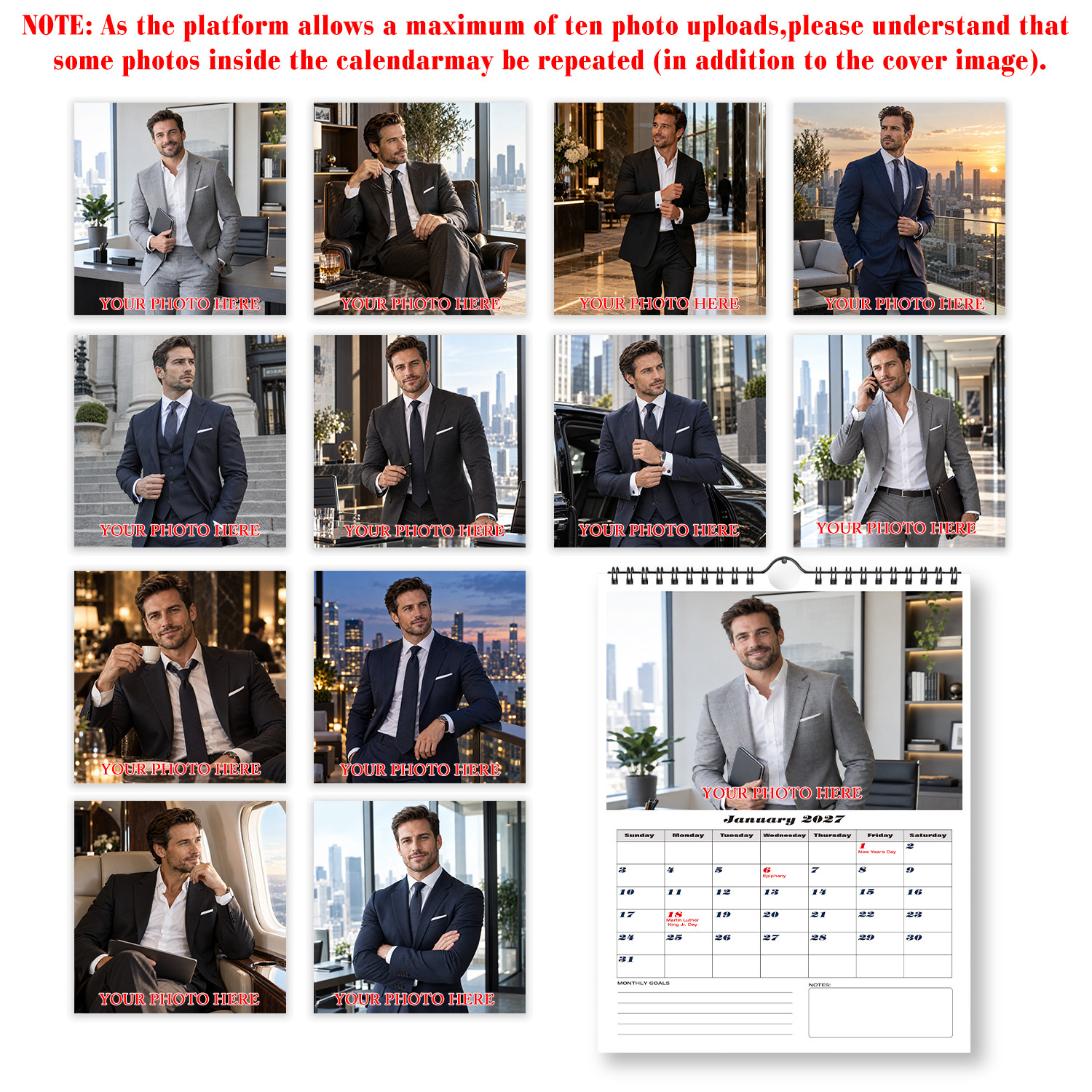 TEMU Personalized 2027 Executive Photo Calendar - Wall Calendar Suitable For , Custom Photo/text/, Spiral Binding, Monthly Planner Jan-dec, Business