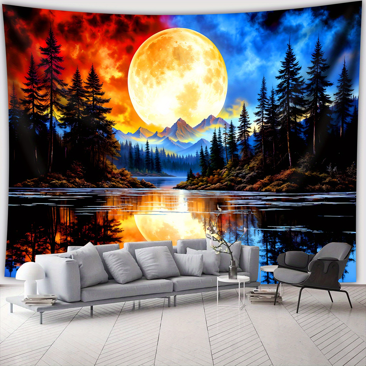 TEMU Un grande arazzo che rappresenta un paesaggio e onirico di una foresta dalla luna, un lago e montagne, stampato con in poliestere. per decorare