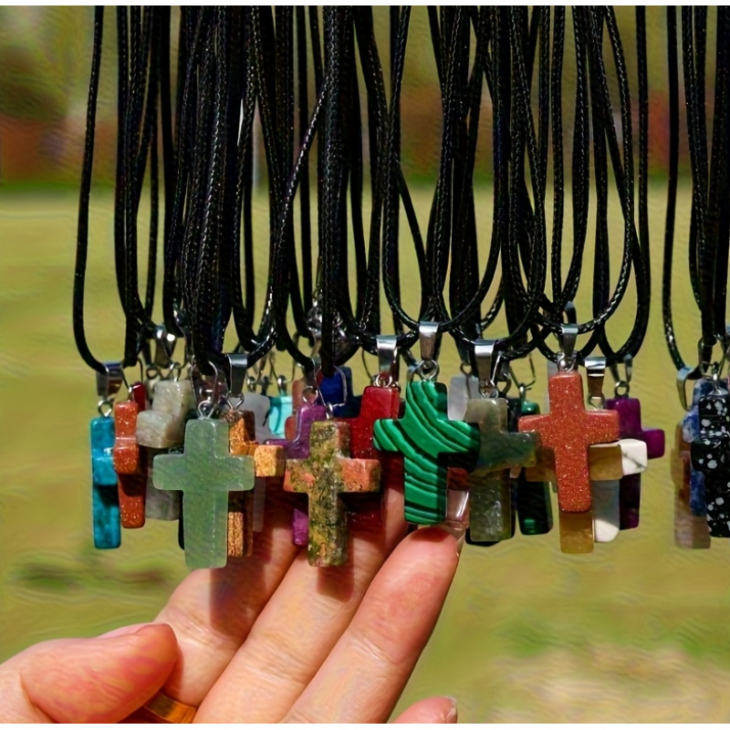 item picture 30pcs natural stone cross pendant necklace set jewelry making suitable for necklace jewelry production chakra gemstone quartz cross necklace decoration with   black cord