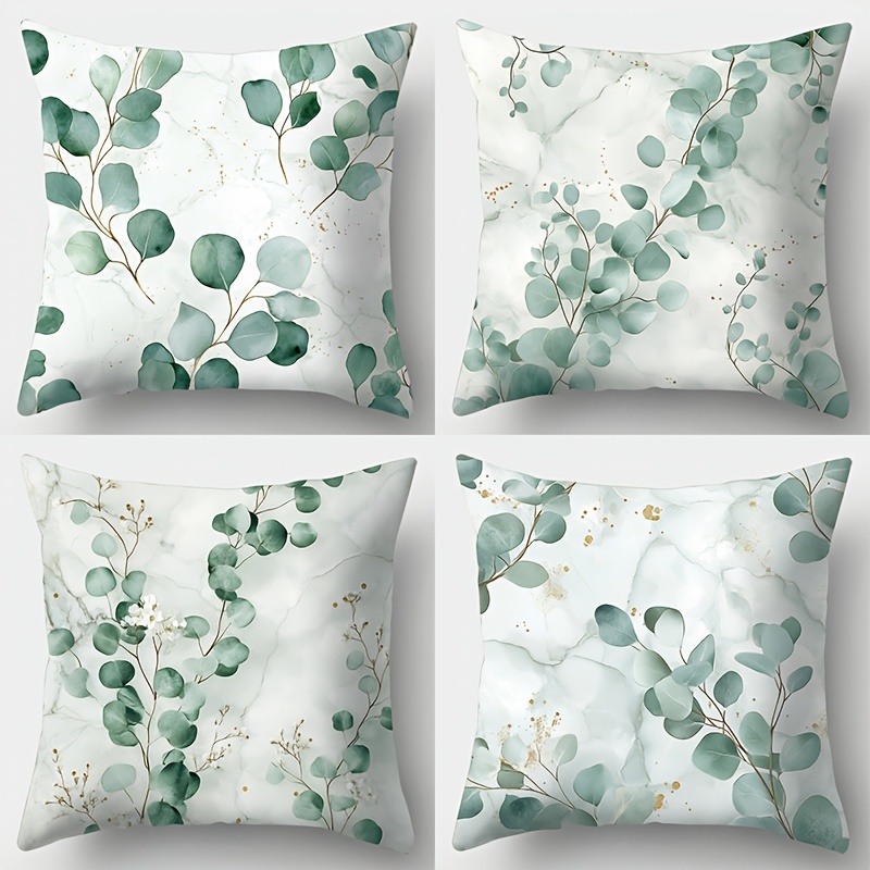 TEMU 4pcs Set, 2d Single-sided Printed Marble-patterned Eucalyptus Leaf Themed Pillowcases, Featuring Morandi Green Tones, Gilded Fine Glitter, And