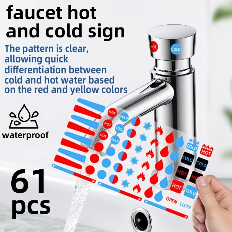 TEMU A Set Of Hot And Cold Water Identification Labels Containing 61 Small Stickers; Suitable For Marking Hot And Cold Water Sources, Faucets, And