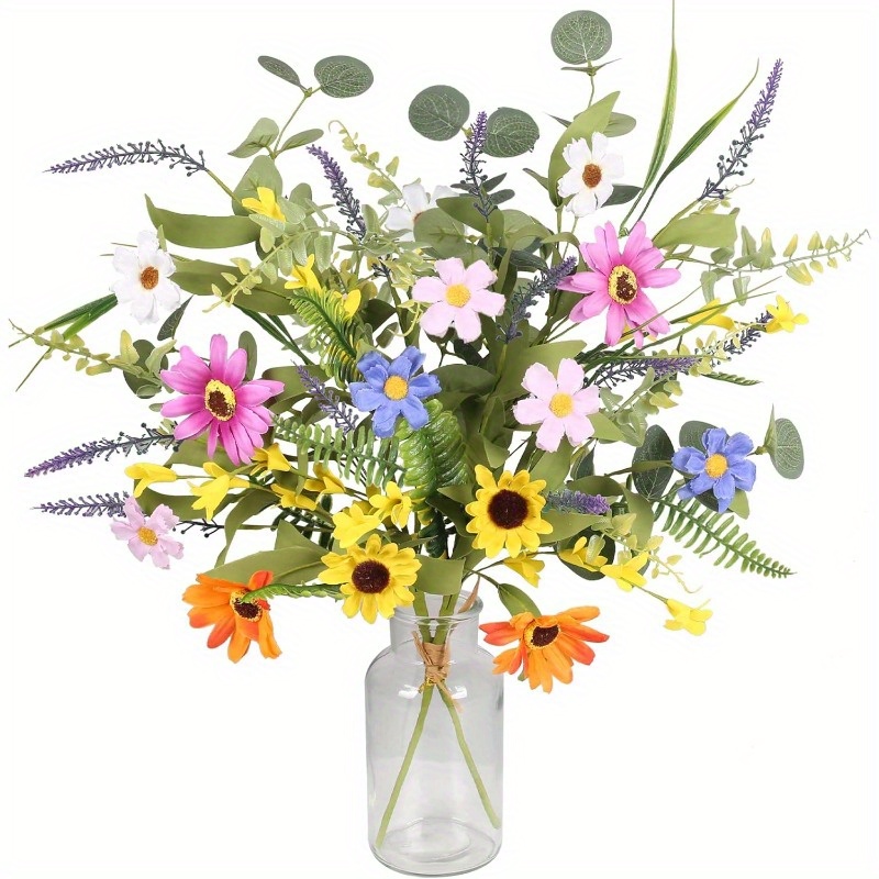 TEMU 4 Bundles Of Artificial Daisy Bouquet- 20inch Realistic Fake Flowers Arrangement, Including Sunflowers, Daisies, - Vibrant Yellow, Pink, Blue,