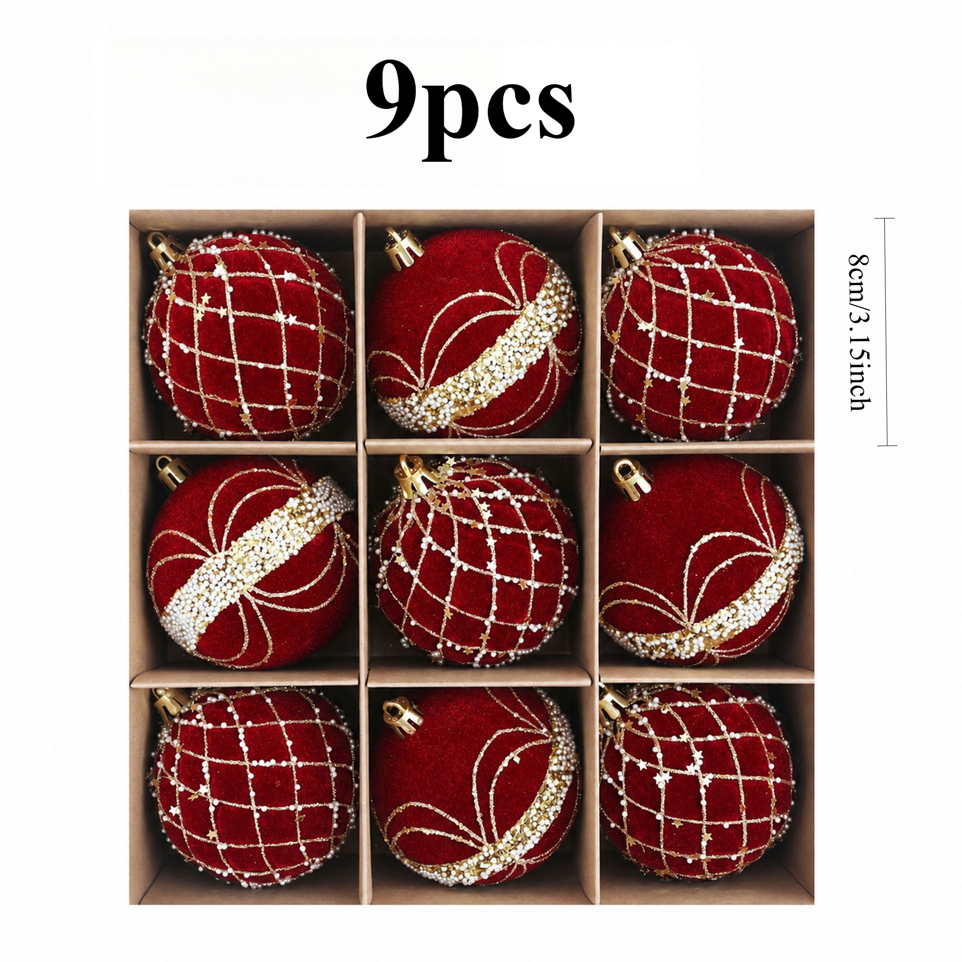 TEMU 9pcs Burgundy Red Flocked Christmas Ball Ornaments Set, 8cm Golden Beaded Grid Star And Bow Pattern Xmas Baubles, Shatterproof Hanging Balls For