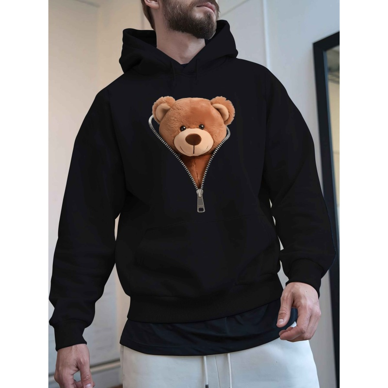 

Men's Cozy Fleece Hoodie With Zipper - Black Teddy Bear Graphic Pullover, Long Sleeve Casual Sweatshirt For Fall And Winter, Soft Polyester Fabric, Trendy