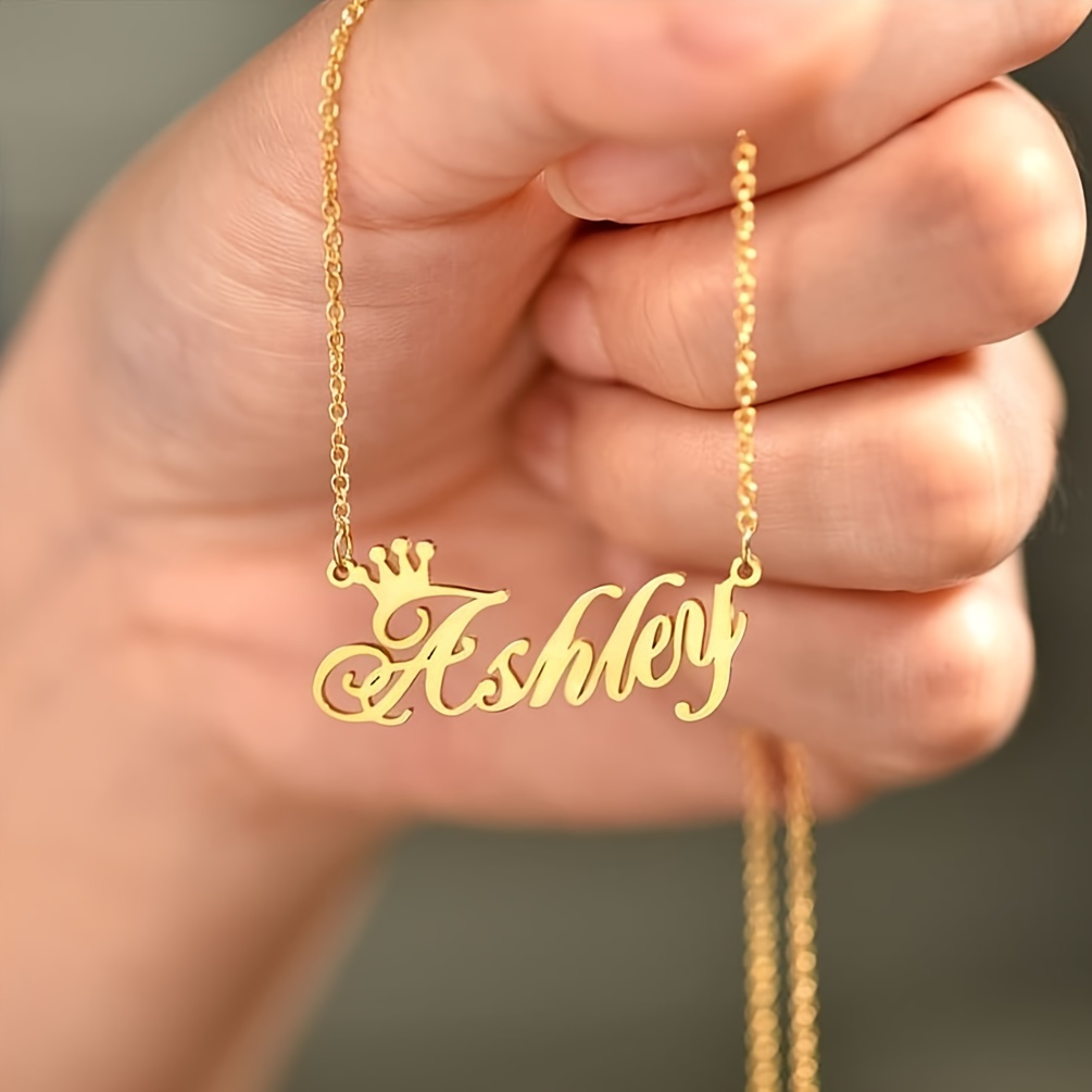 TEMU Custom Princess Crown Name Necklace - Elegant Pendant With "" Engraving, Delicate Chain For Casual Attire - Stylish Jewelry Gift For Teens,