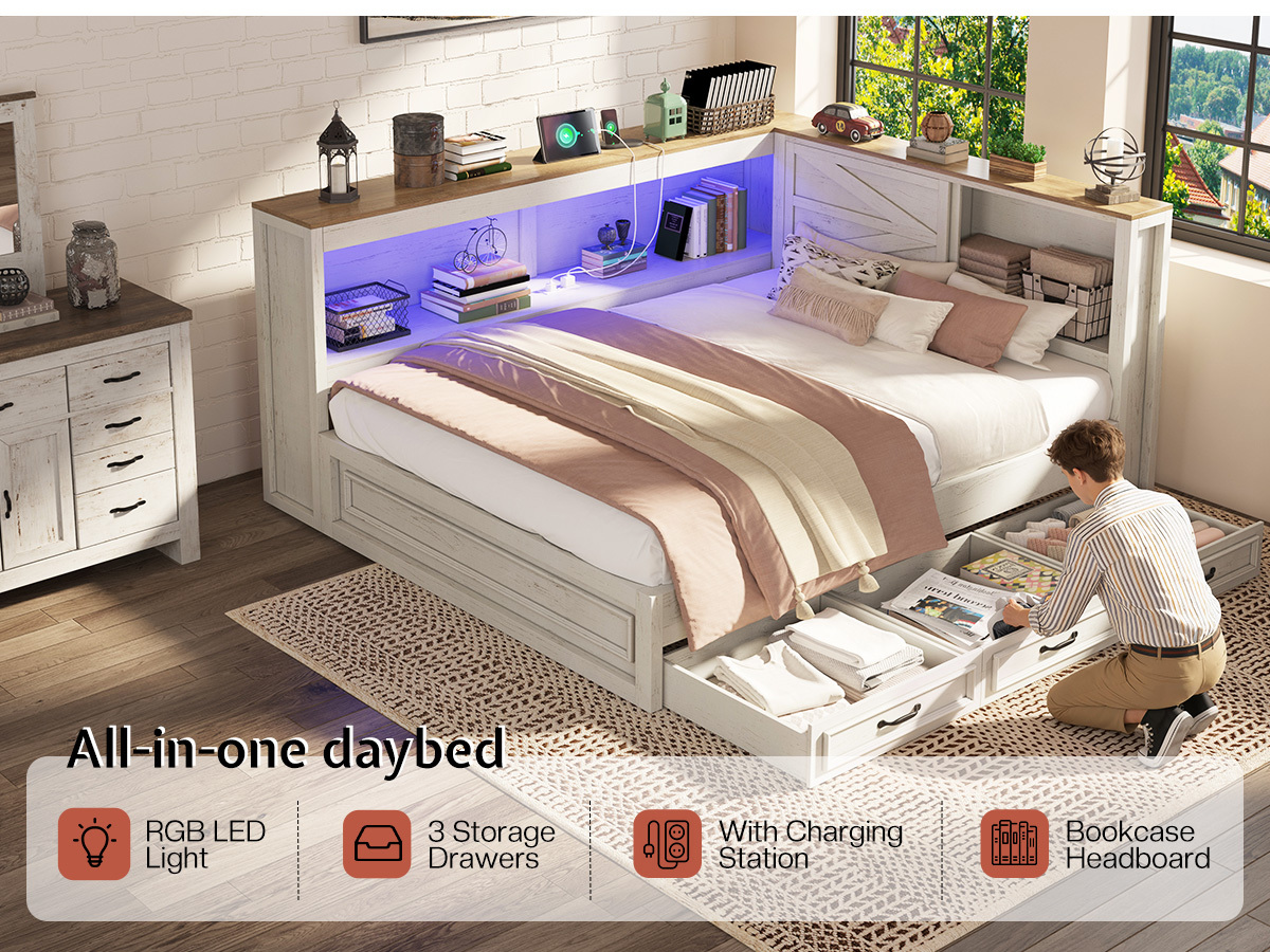 PAPAJET Storage Corner Bed Frame with Bookcase Headboard LED Lights Charging Station and Drawers Farmhouse Platform Bed for Bedroom