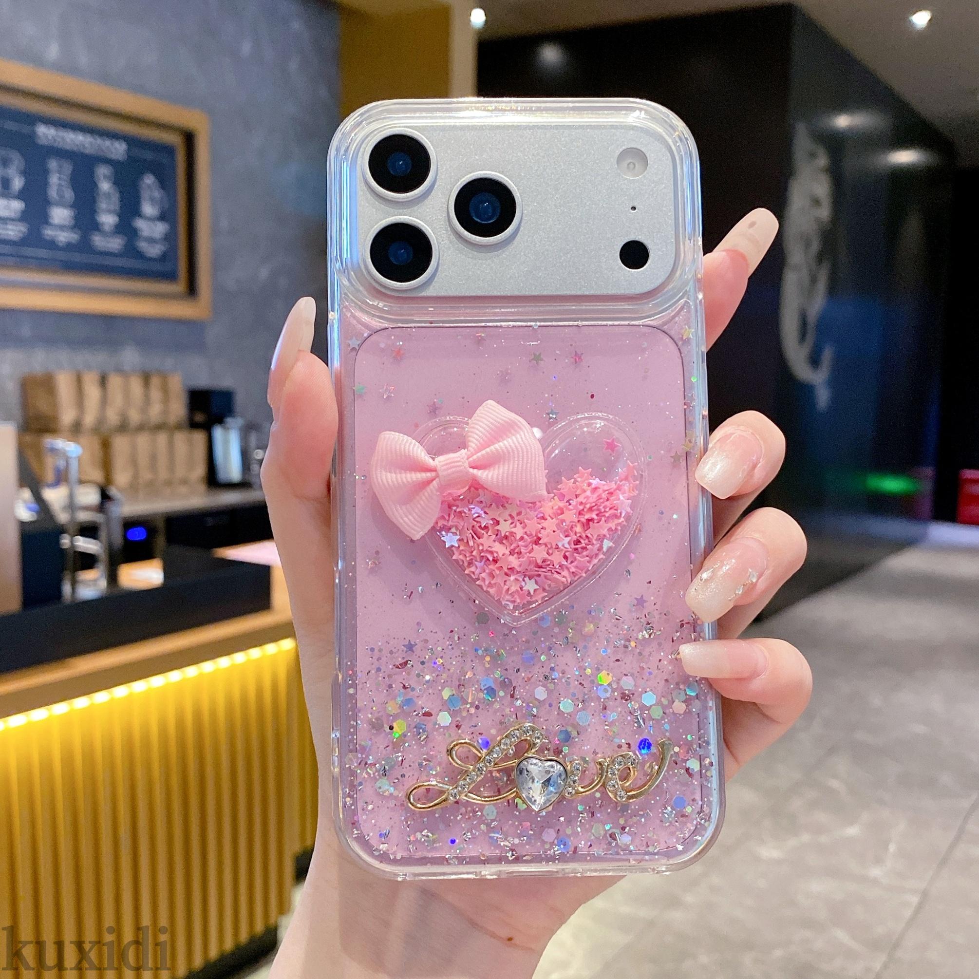 TEMU Phone Case - Epoxy Glitter Bow Heart Quicksand Mobile Phone Case For Iphone 11/12/13/14/15/16/17 With Sparkling Starry
