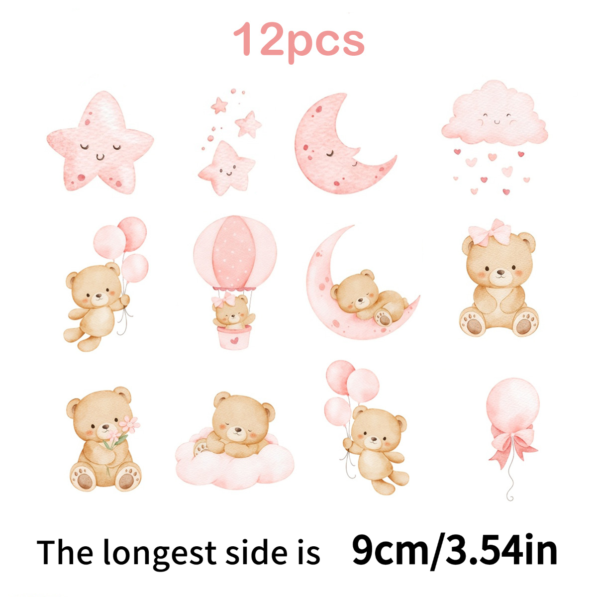 TEMU 12pcs Stars, Moon, And Little Bear "goodnight Bear" Series Heat Transfer Iron-on Patches, Cartoon Series, Suitable For T-shirts, Bags, Hats, And