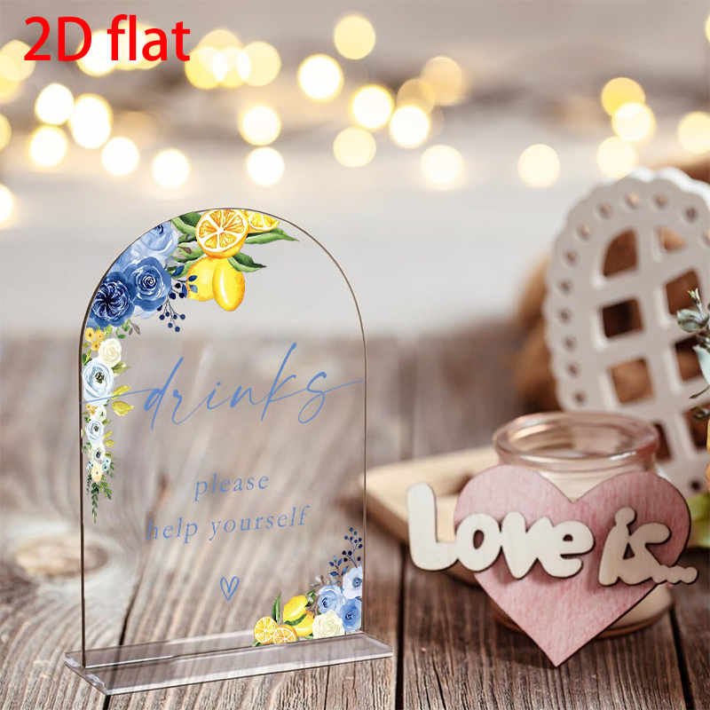 TEMU 2d Flat, 1pc Blue Floral Lemon Drinks Sign - Contemporary Acrylic Self-serve Beverage Plaque With Lemon-themed Table Decor Suitable For Wedding,