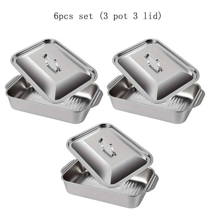 TEMU Set Of 6 (3 Pots And 3 Lids) Featuring Large, Durable Stainless Steel Baking Trays With Covers, Designed With A Thick Surface For Grilling And