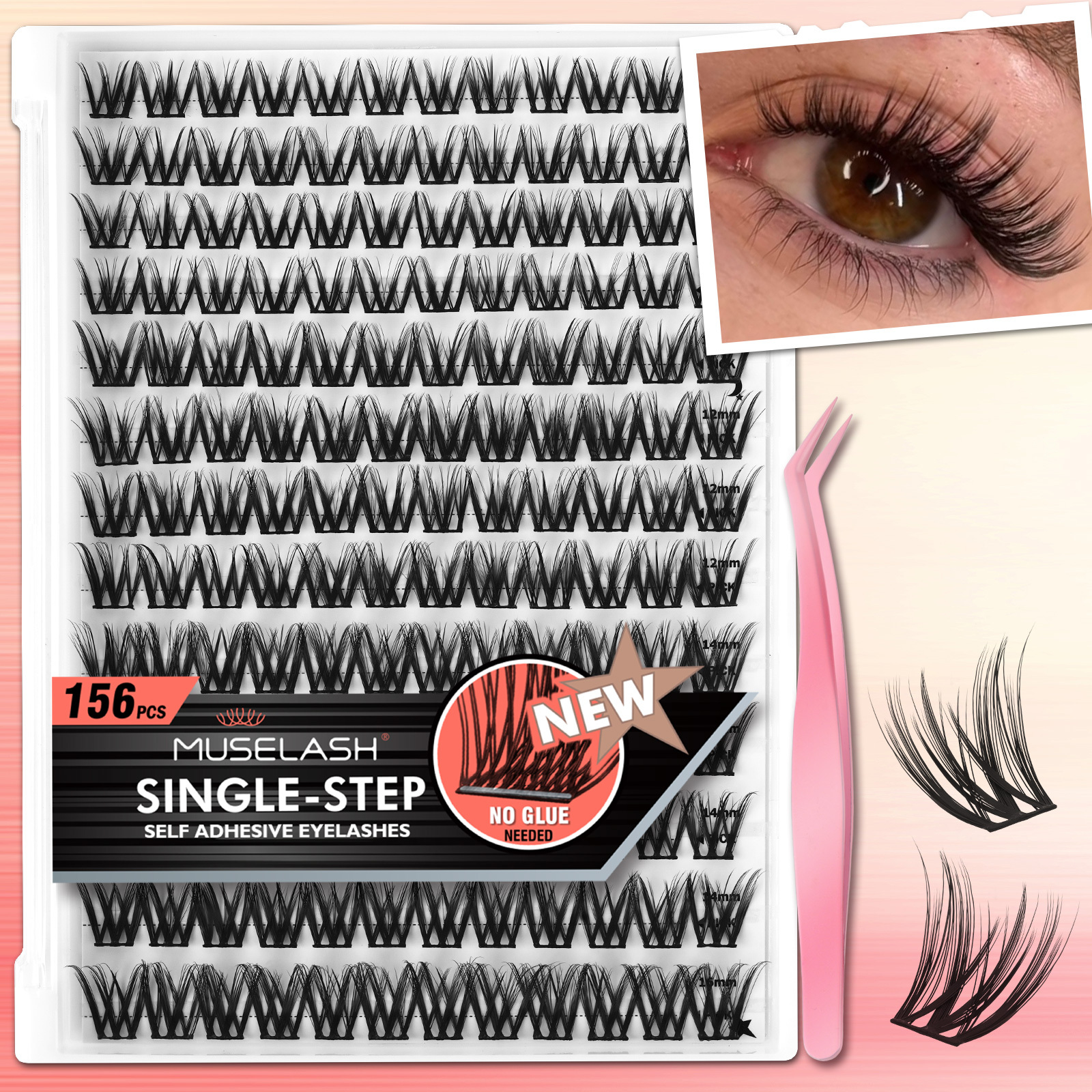 TEMU 156pcs Self Adhesive Lash Extensions Set With Tweezers, Thin Band Segmented Single Cluster, No Glue Needed Segmented Single Cluster, 10-16mm