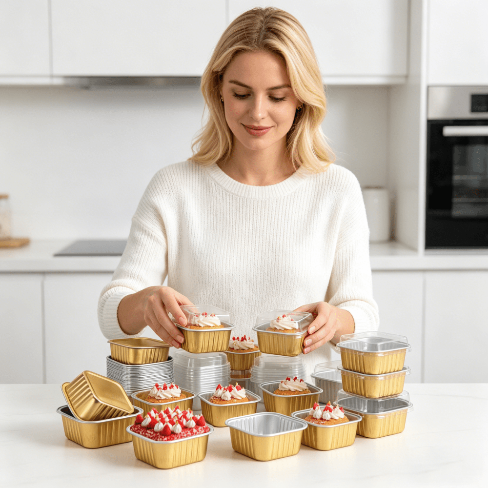 TEMU 100pcs (50 Cups And 50 Lids) 5oz Square Mini Baking Pans With Lids, Mini Cake Tins, Aluminum Foil Baking Cups Disposable Cake Containers Perfect